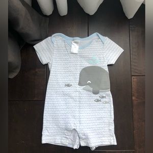 Kushies Romper Whale Fish Blue and White 6mo